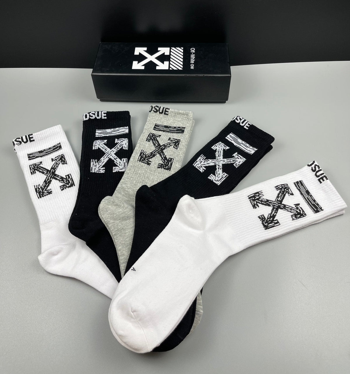 Off-White Cotton Visible Logo, Stripe Or Motif Details Crew Socks - 5-Pair Set