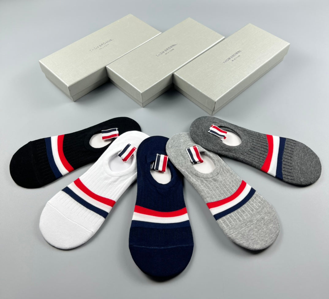 Thom Browne Cotton Visible Logo, Stripe Or Motif Details No-Show Socks - 5-Pair Set