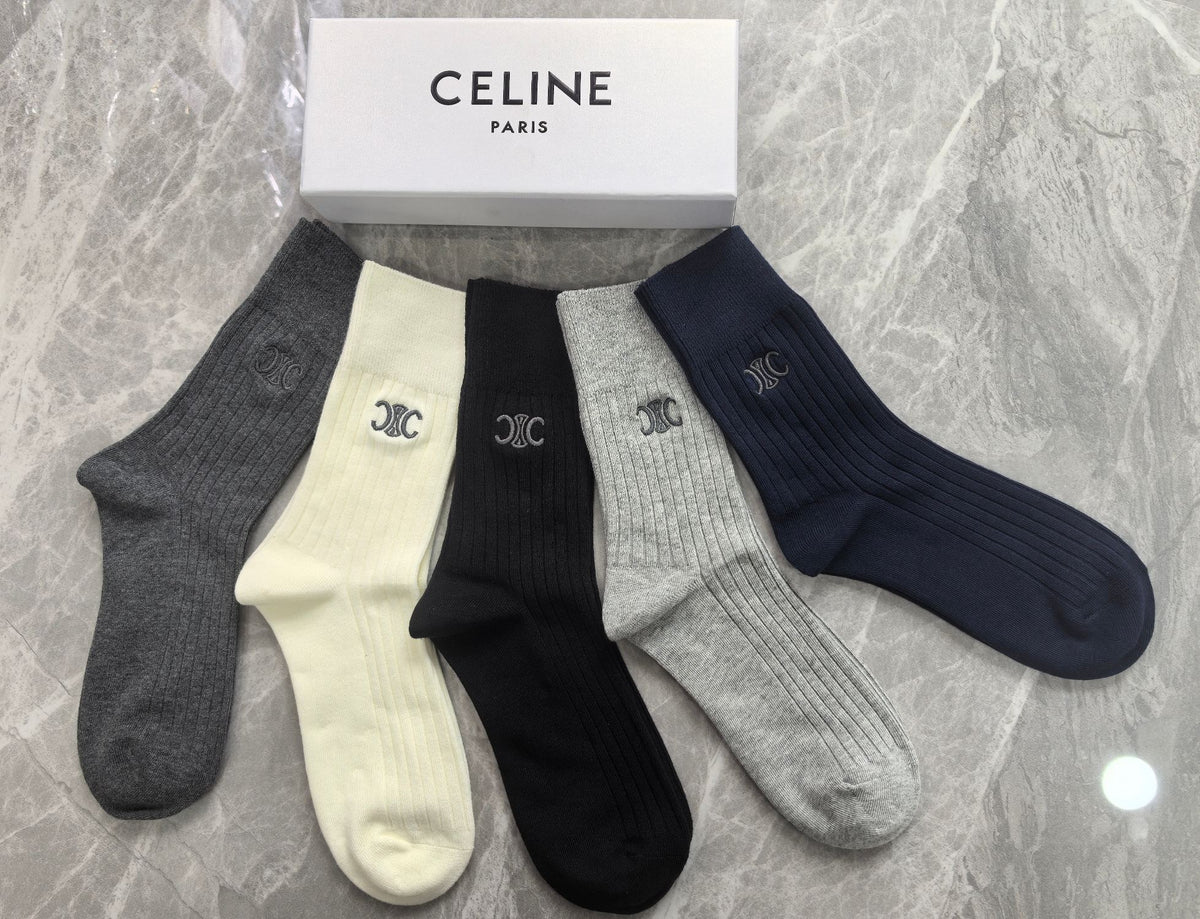 Celine Cotton Mixed Neutral Logo Detail Crew Socks - 5-Pair Set