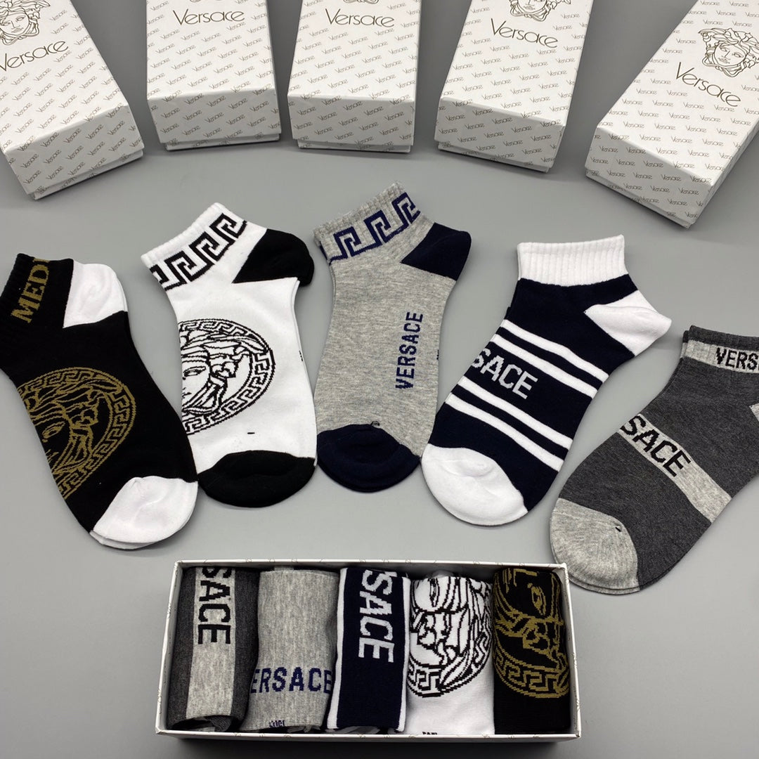 Versace Bold Medallion And Letter Graphics Ankle Socks - 5-Pair Set