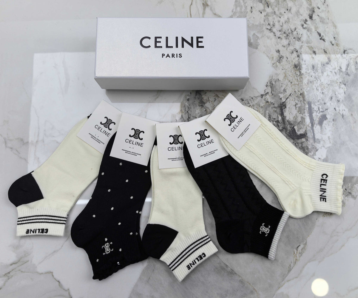 Celine Mixed Neutral Logo Detail No-Show Socks - 5-Pair Set