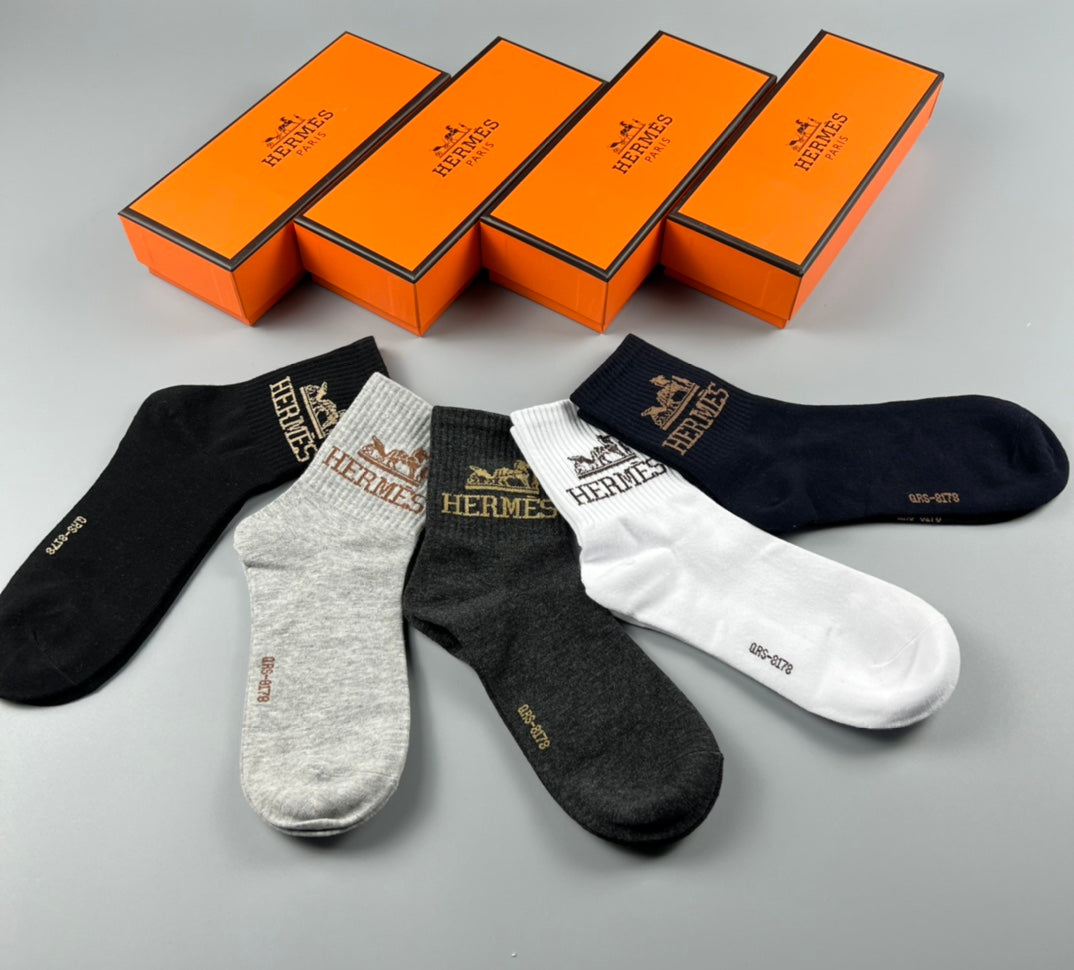 Hermes Cotton Varied Horse And Wordmark Details Crew Socks - 5-Pair Set