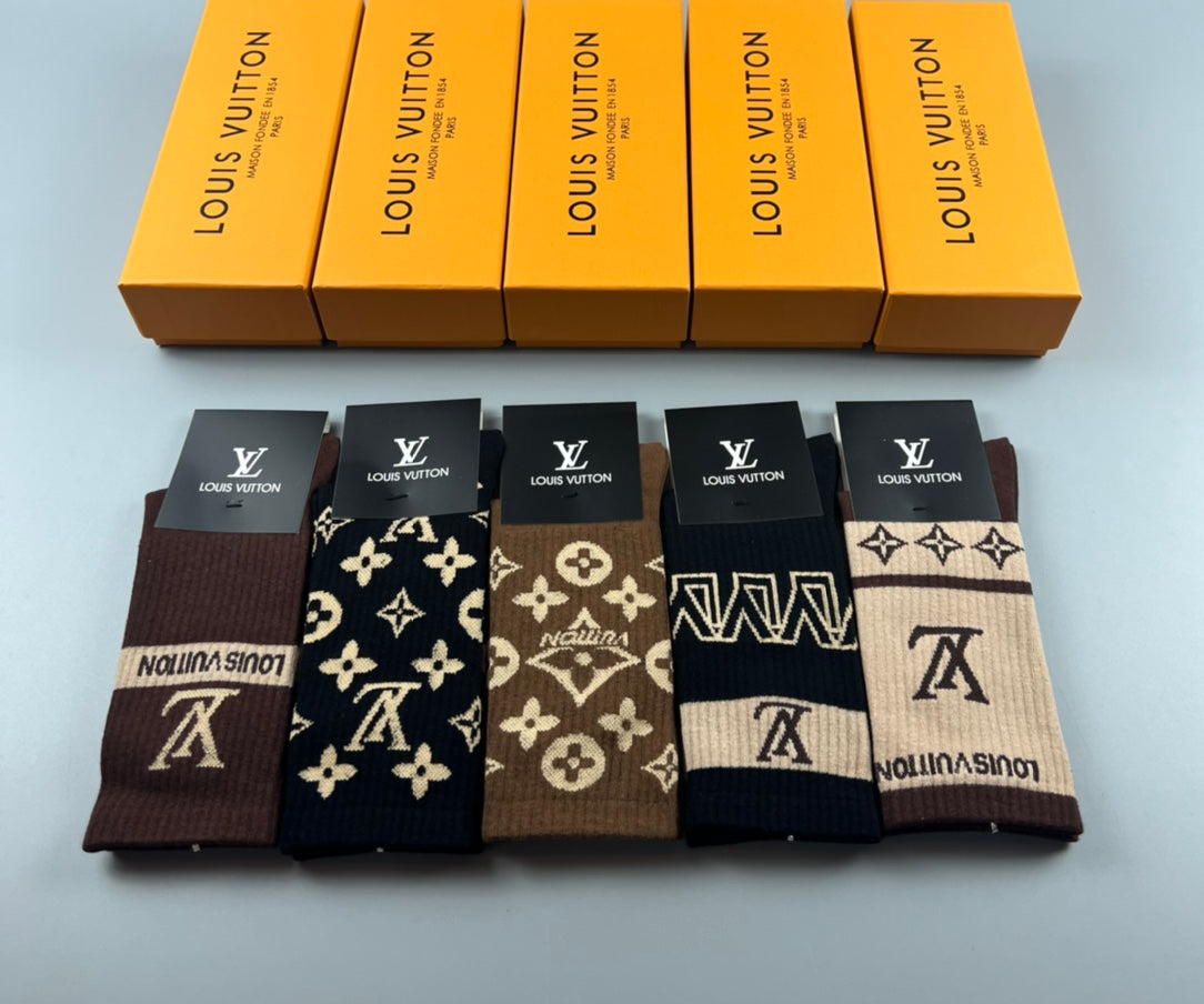 Louis Vuitton Cotton Varied Monogram-Style Motifs Crew Socks - 5-Pair Set