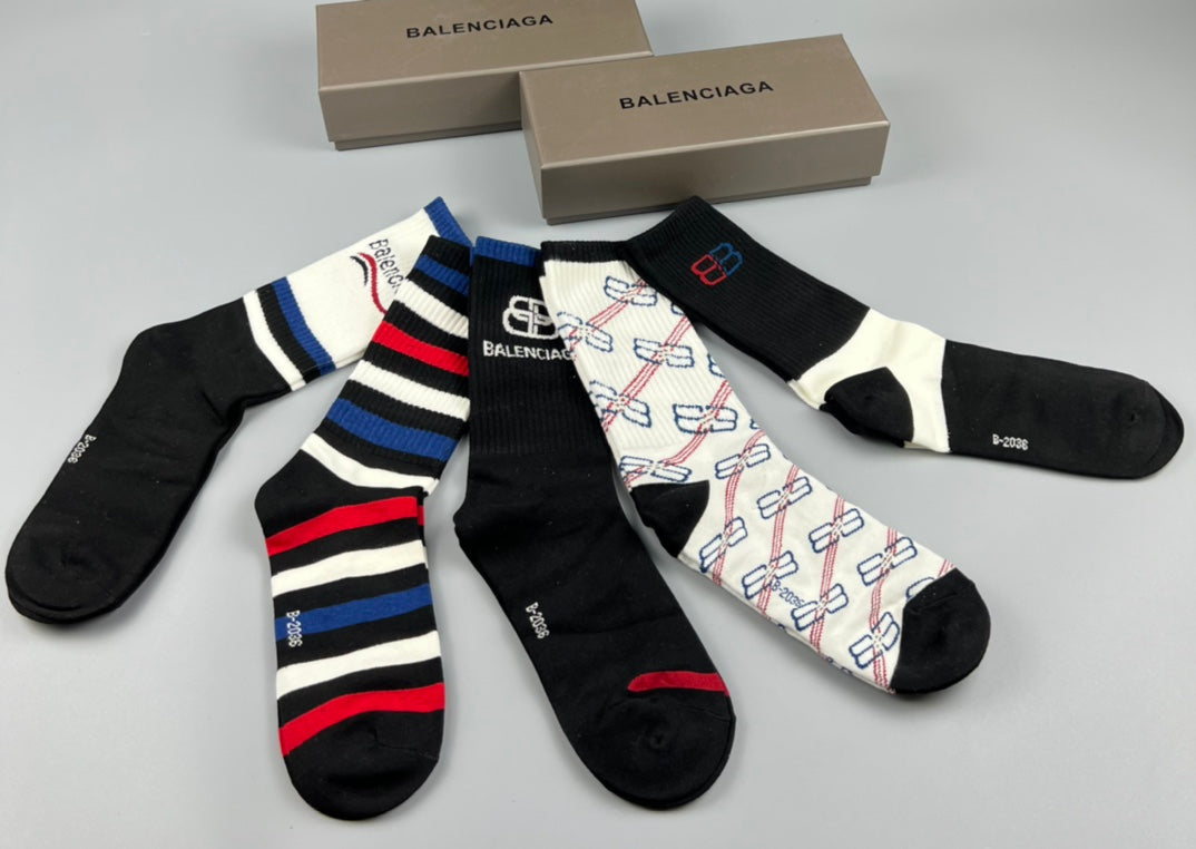 Balenciaga Striped Graphic Details Mid-Calf Socks - 5-Pair Set