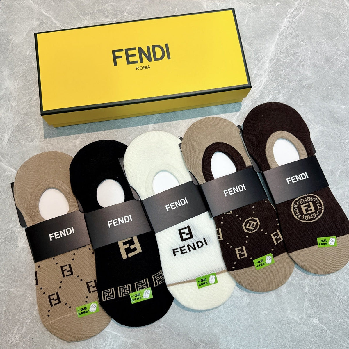 Fendi Cotton Visible Logo, Stripe Or Motif Details No-Show Socks - 5-Pair Set