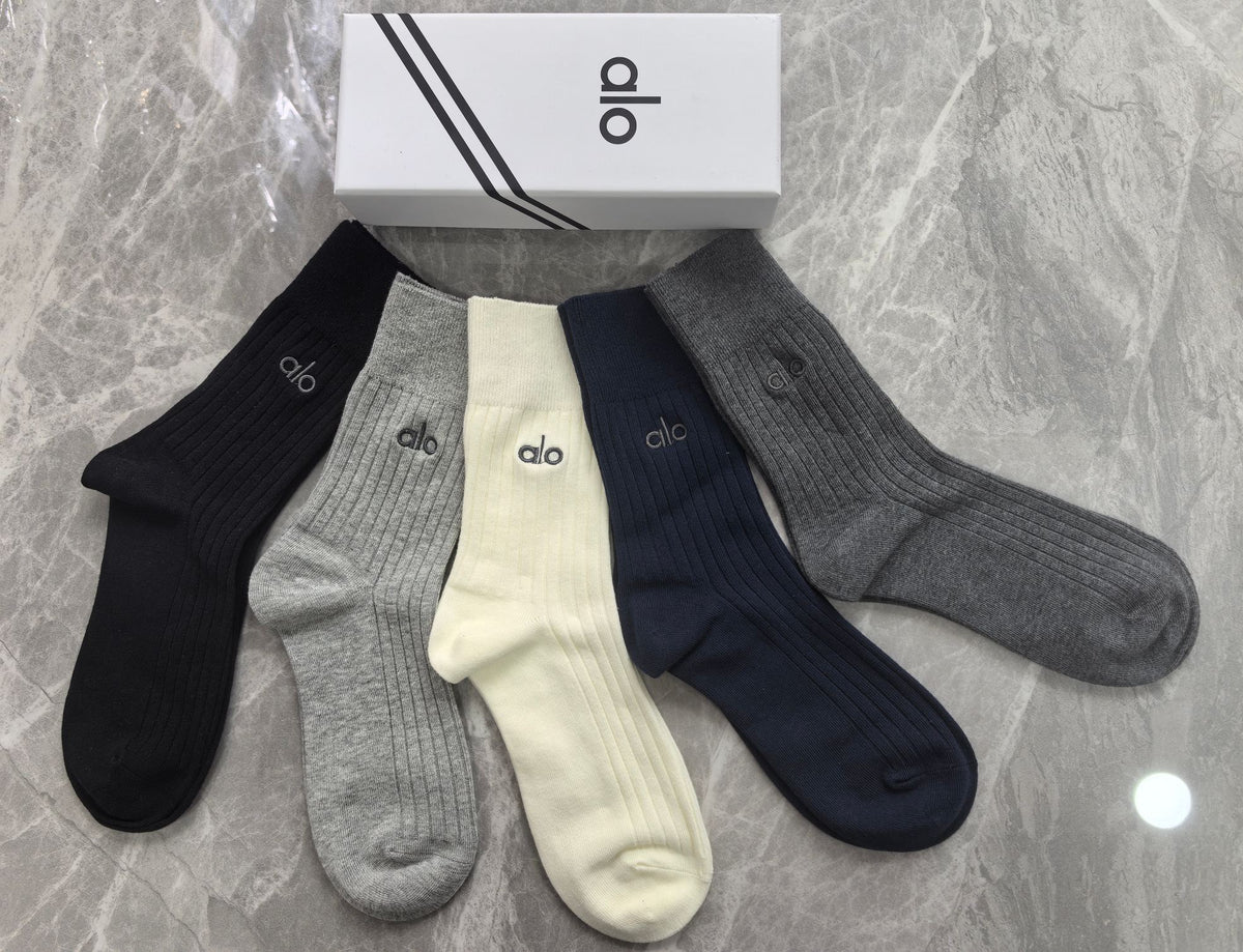 Alo Cotton Mixed Neutral Logo Detail Crew Socks - 5-Pair Set