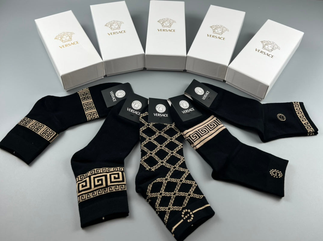 Versace Cotton blend Mixed Gold-Tone Greek-Key And Medallion Graphics Crew Socks - 5-Pair Set
