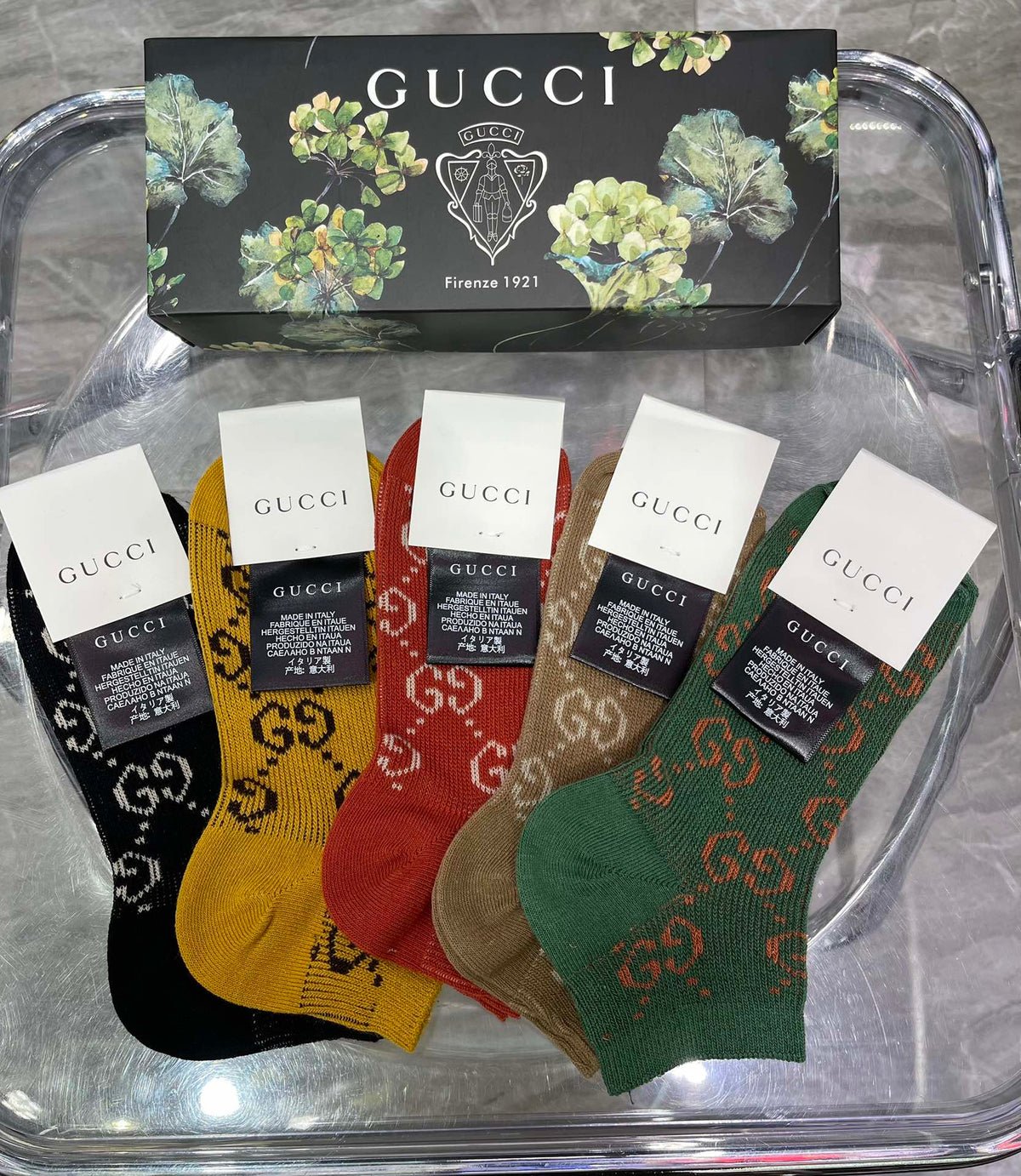 Gucci Floral-Box Monogram Crew Socks - Box of 5 Pairs