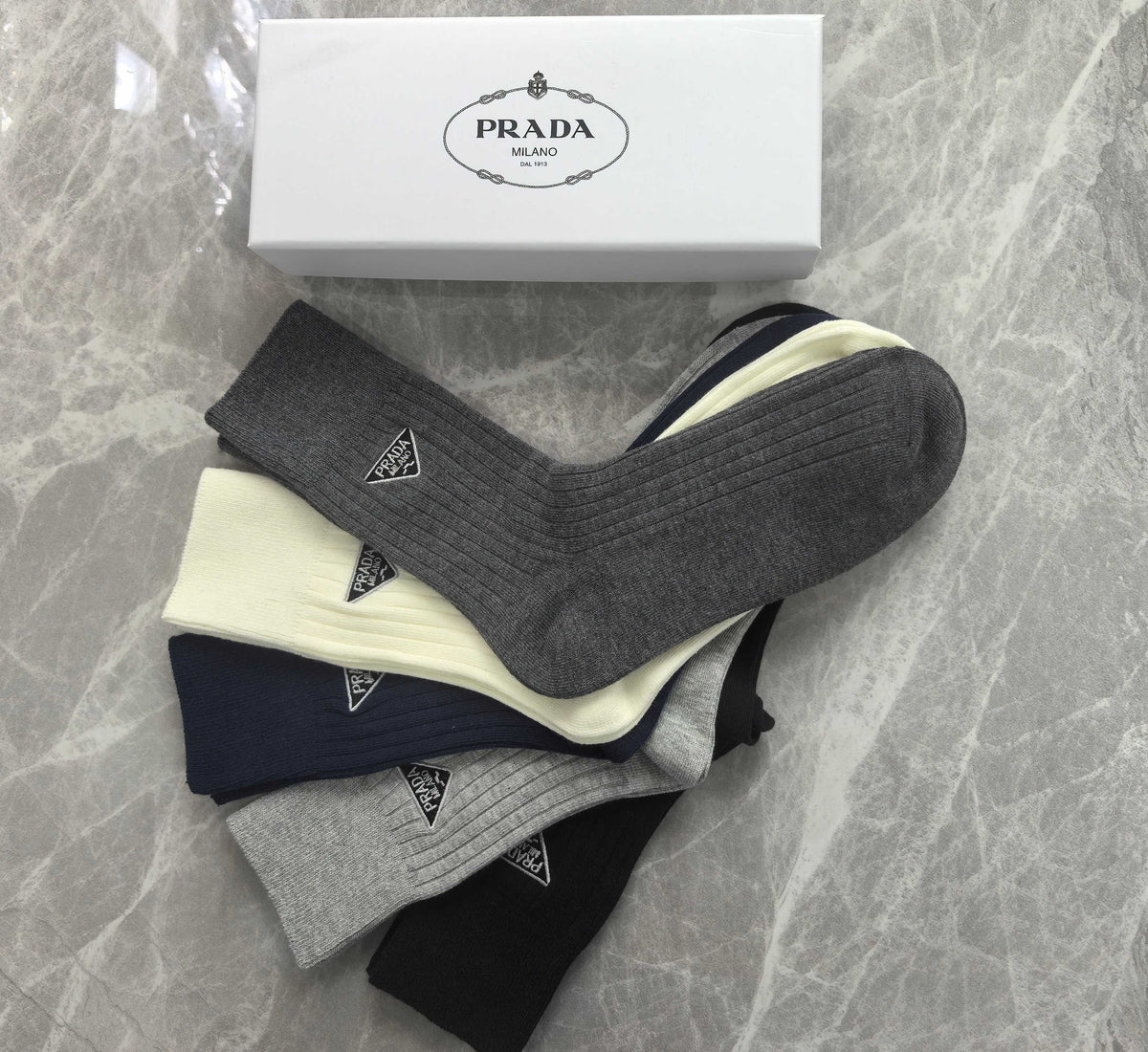 Prada Cotton Mixed Neutral Logo Detail Crew Socks - 5-Pair Set