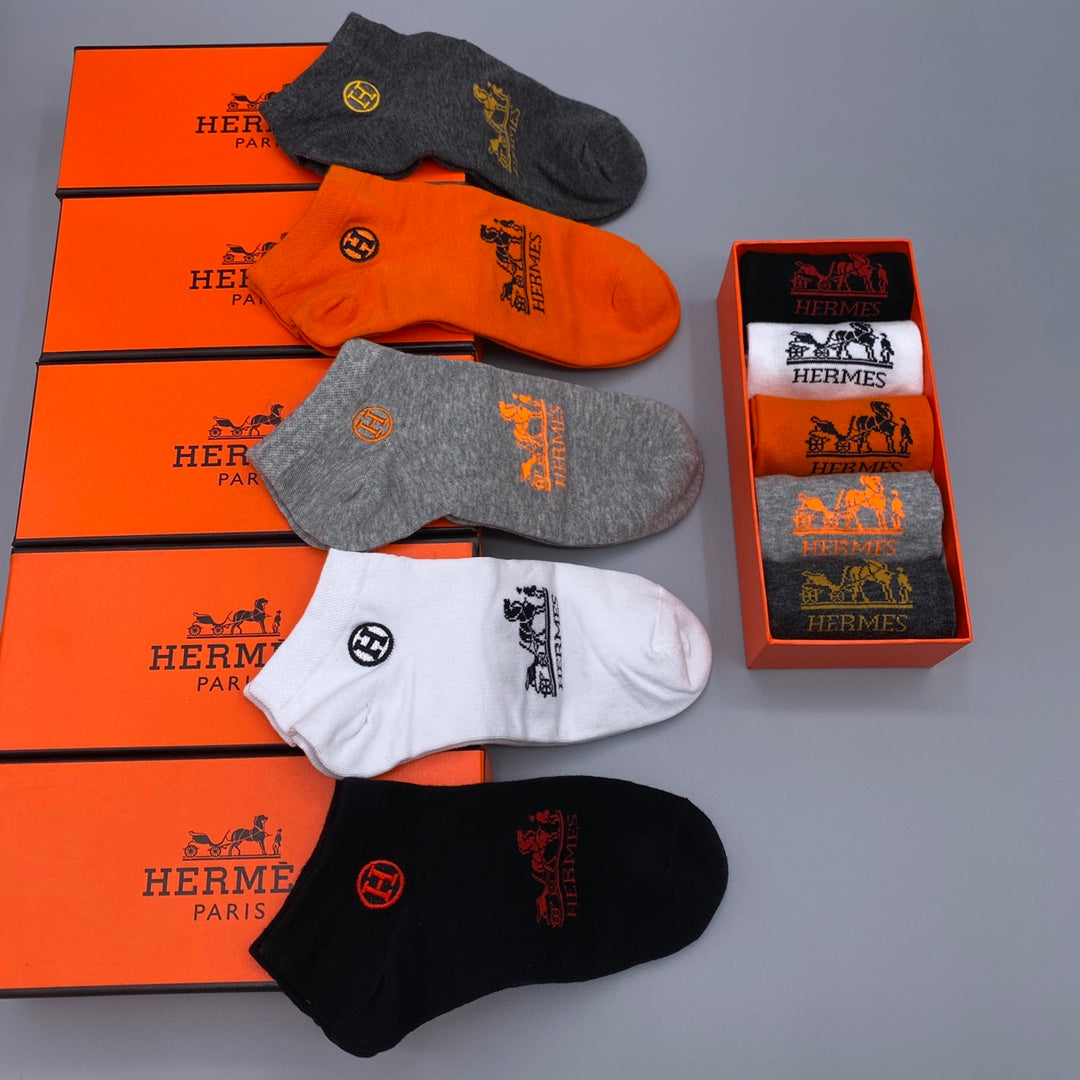 Hermes Logo No-Show Ankle Socks - 5-Pair Box