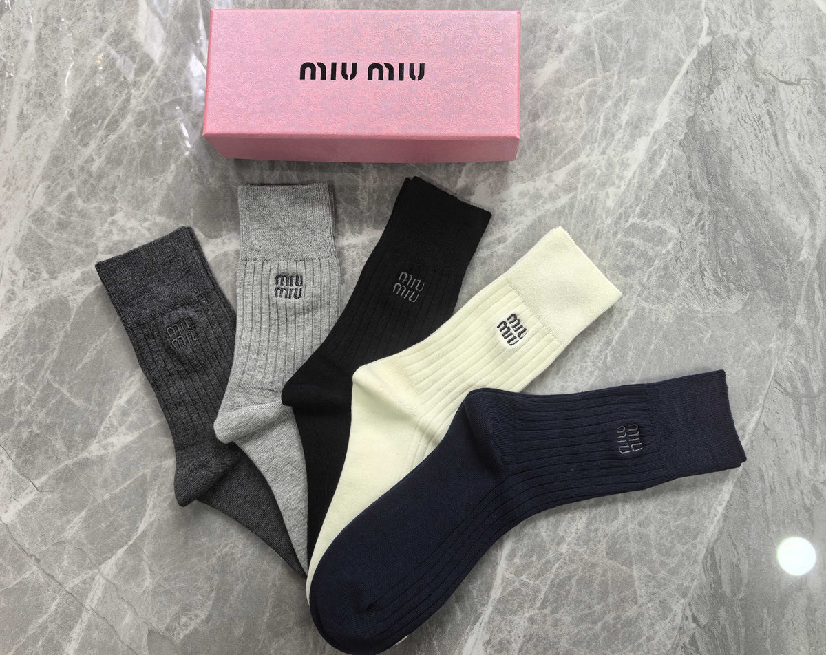 Miu Miu Cotton Mixed Neutral Logo Detail Crew Socks - 5-Pair Set