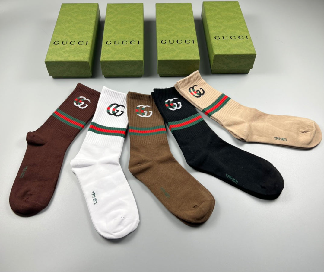 Gucci Cotton Blue, Green & White Tonal Waistbands Crew Socks - 5-Pair Set