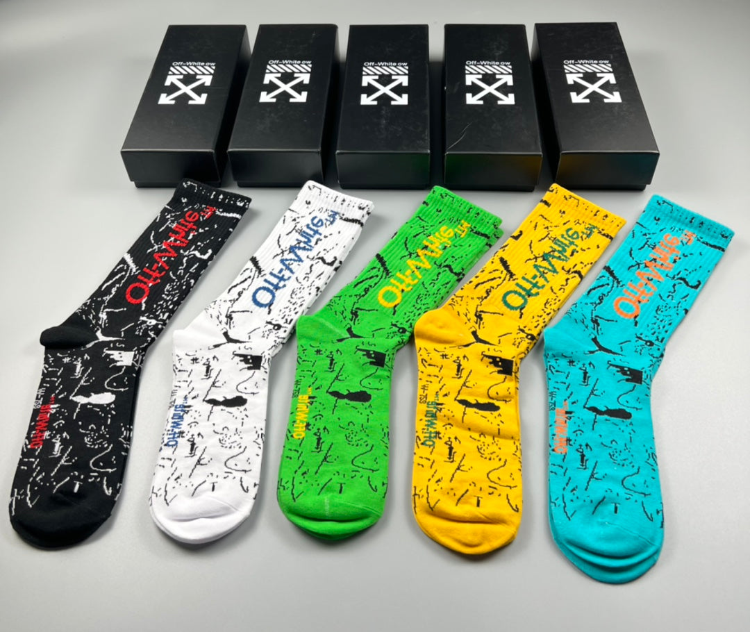 Off-White Cotton Visible Logo, Stripe Or Motif Details Crew Socks - 5-Pair Set