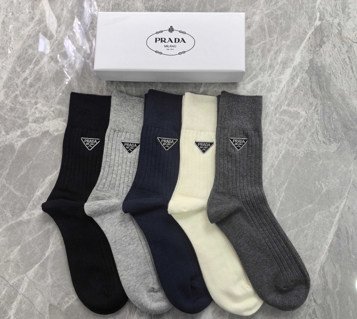 Prada Cotton Mixed Neutral Logo Detail Crew Socks - 5-Pair Set