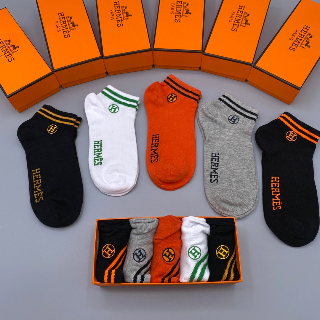Hermes Heritage Logo Ankle Socks - Box of 5 Pairs