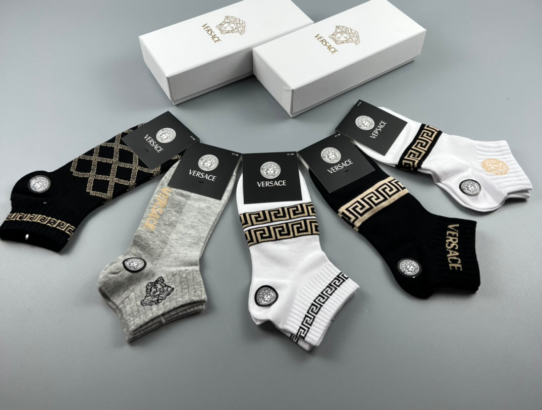 Versace Cotton blend Geometric Lattice And Medallion Motifs Ankle Socks - 5-Pair Set