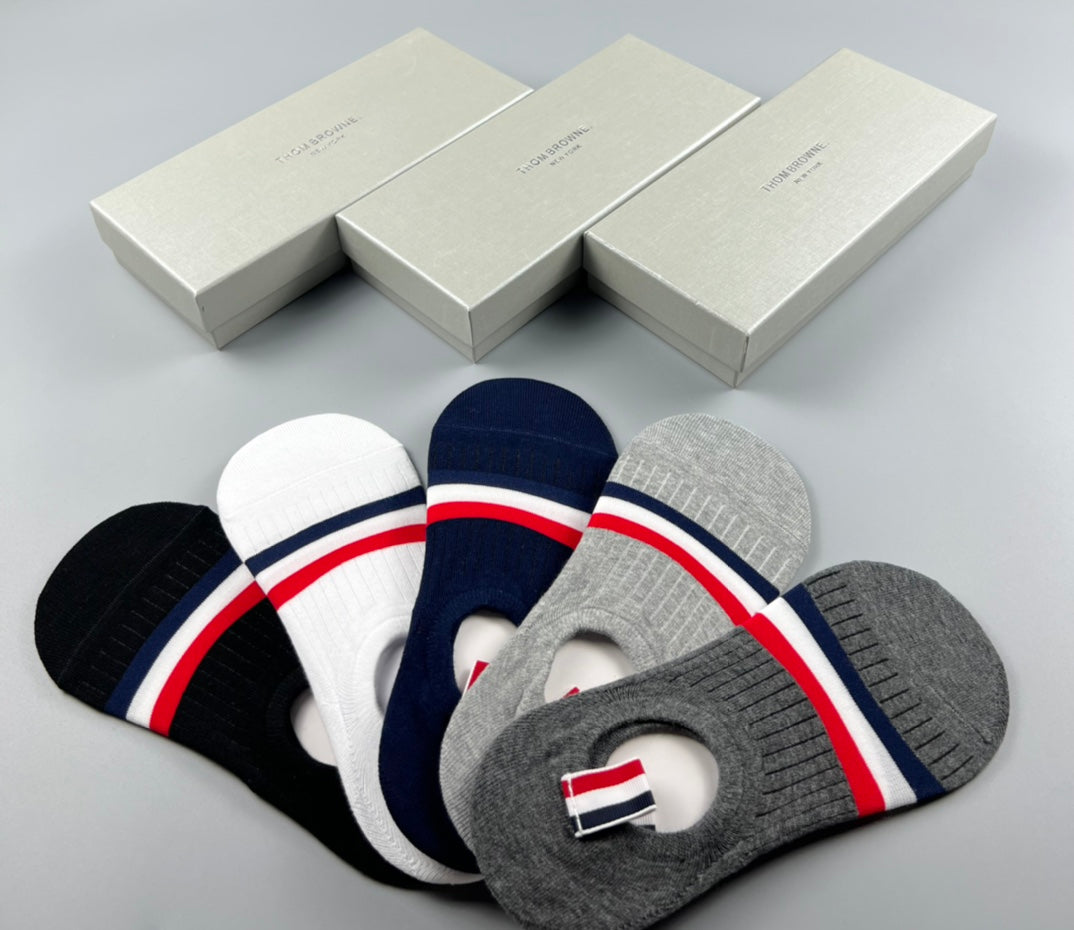 Thom Browne Cotton Visible Logo, Stripe Or Motif Details No-Show Socks - 5-Pair Set