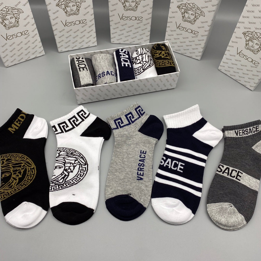 Versace Bold Medallion And Letter Graphics Ankle Socks - 5-Pair Set