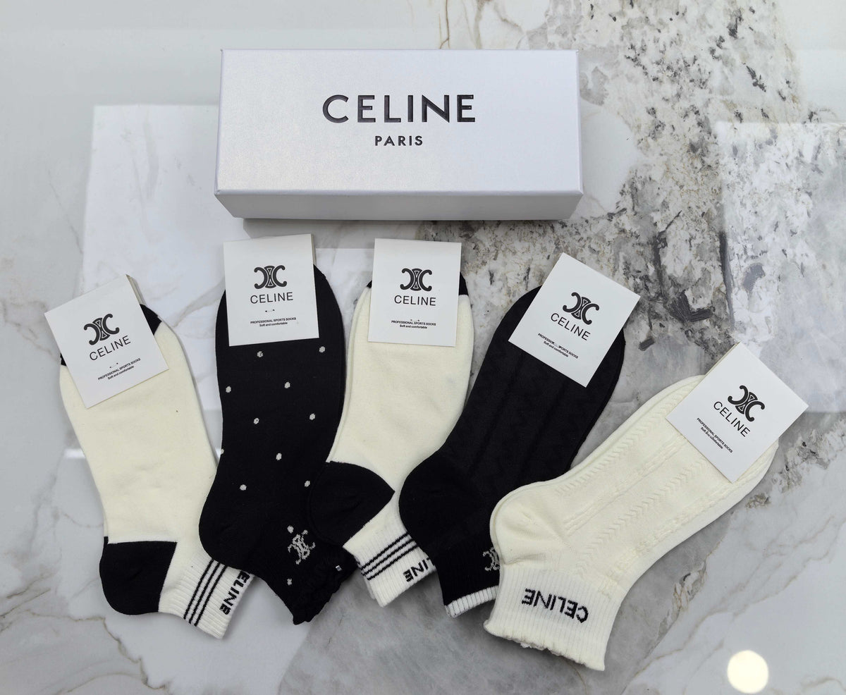 Celine Mixed Neutral Logo Detail No-Show Socks - 5-Pair Set