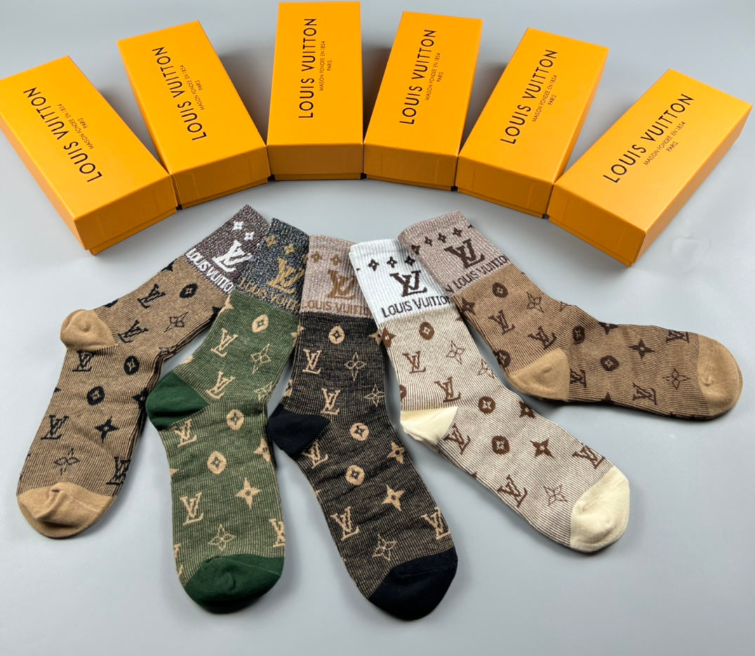 Louis Vuitton Cotton Varied Monogram-Style Motifs Crew Socks - 5-Pair Set