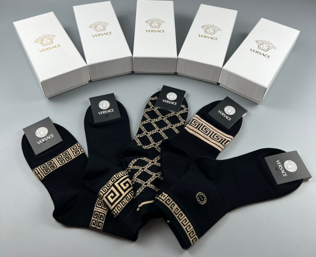Versace Cotton blend Mixed Gold-Tone Greek-Key And Medallion Graphics Crew Socks - 5-Pair Set