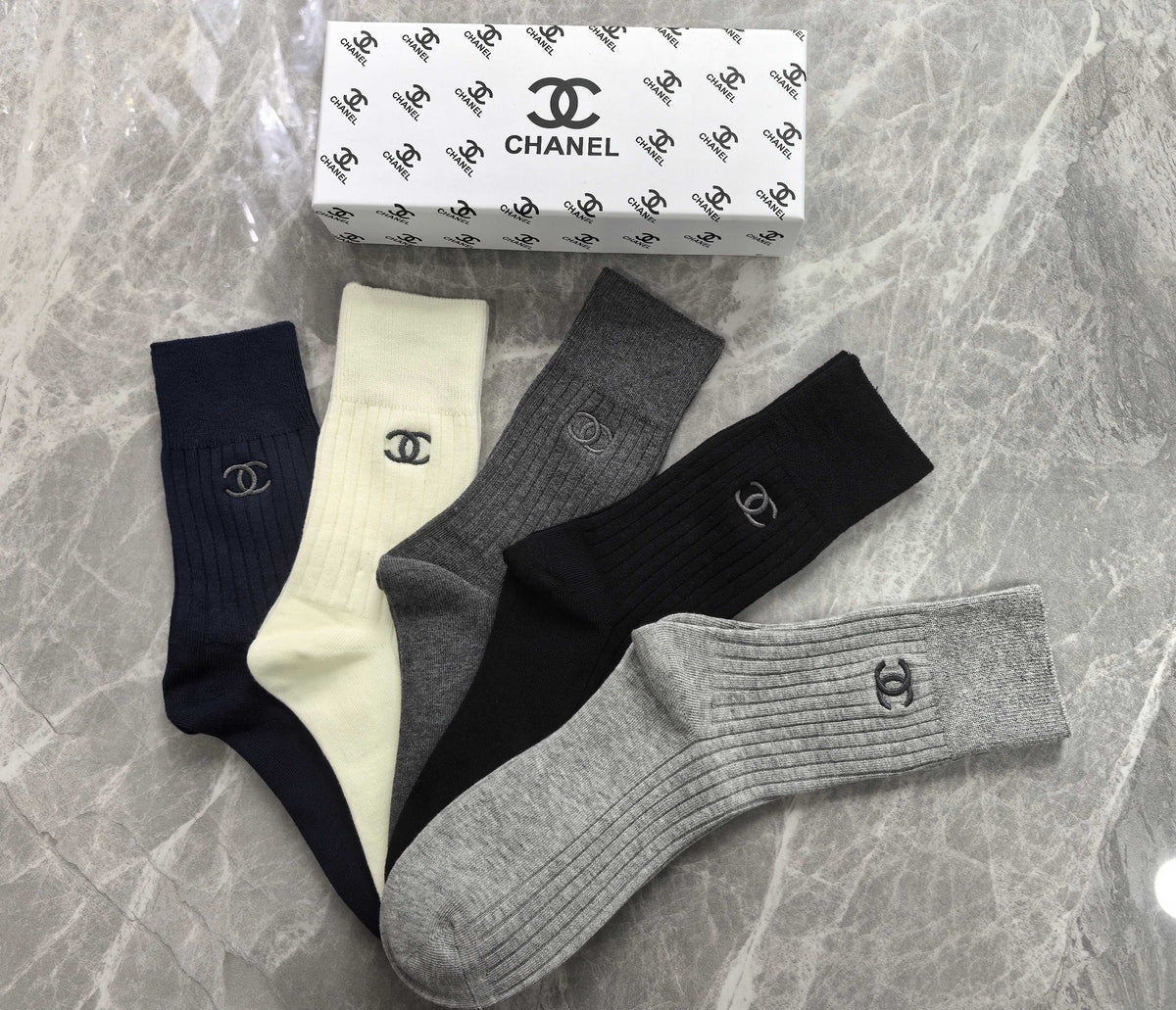 Chanel Cotton Mixed Neutral Logo Detail Crew Socks - 5-Pair Set