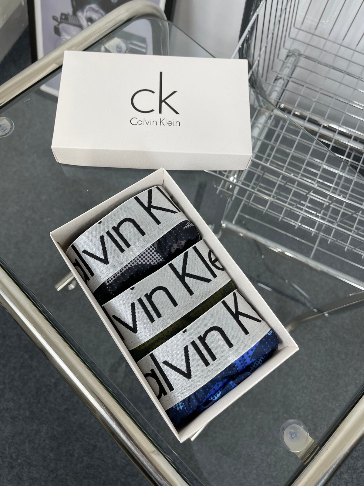 Calvin Klein Blue, Grey And Green Camouflage-Pattern Boxer Briefs Men's Boxer Briefs - 3-Piece Box