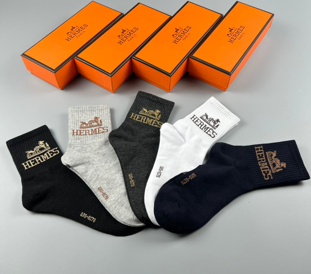 Hermes Cotton Varied Horse And Wordmark Details Crew Socks - 5-Pair Set