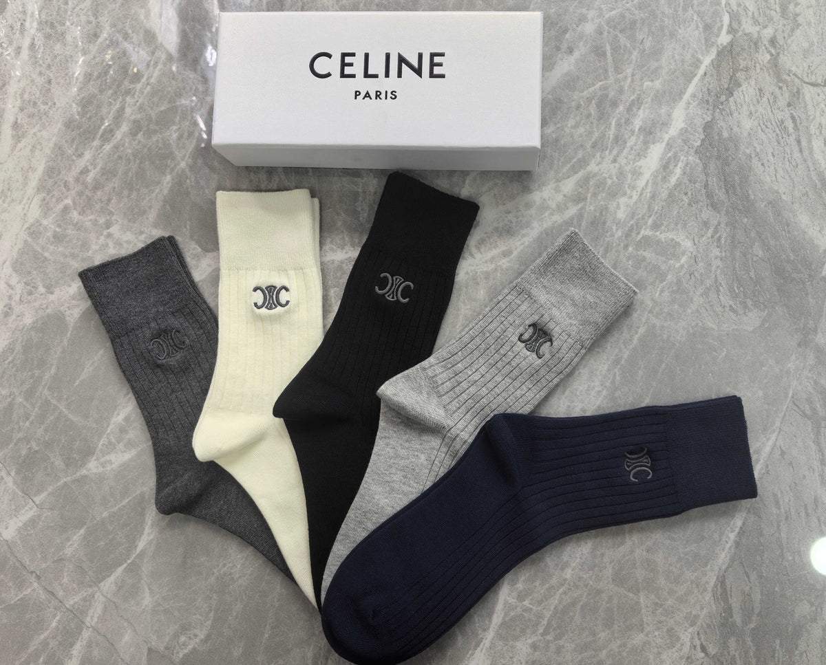Celine Cotton Mixed Neutral Logo Detail Crew Socks - 5-Pair Set