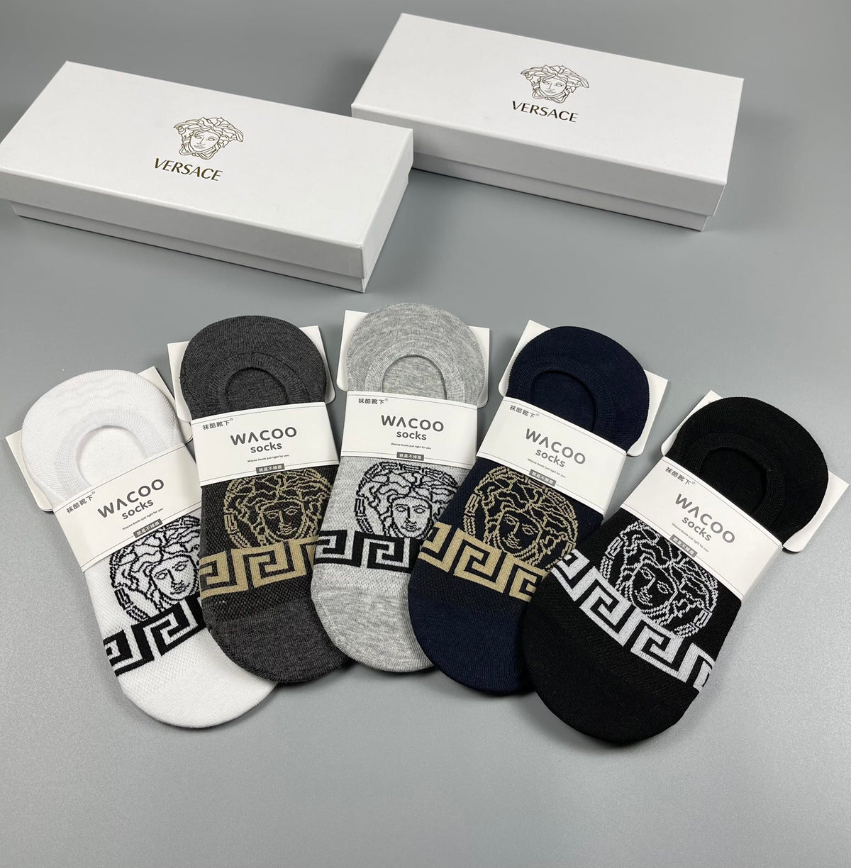 Versace Cotton Visible Logo, Stripe Or Motif Details Crew Socks - 5-Pair Set