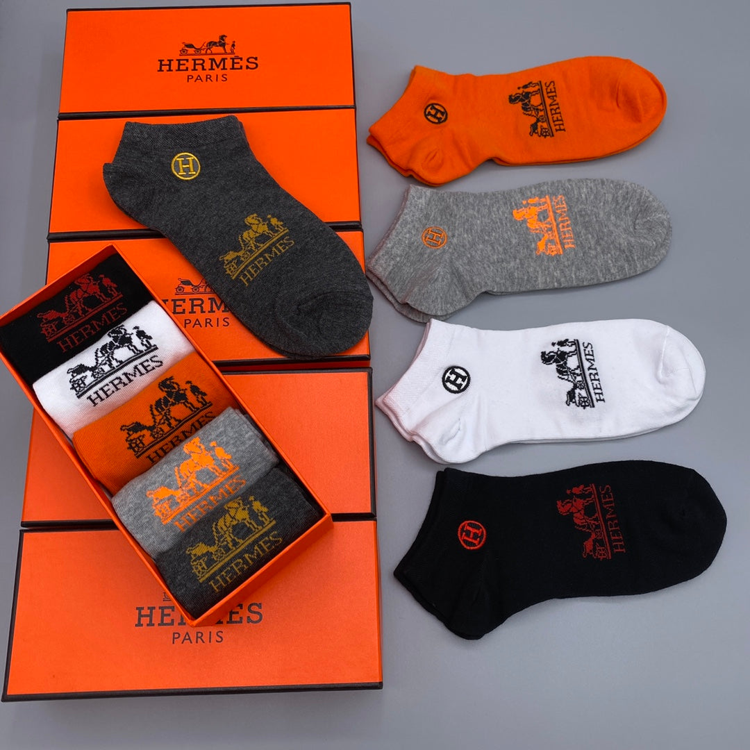 Hermes Logo No-Show Ankle Socks - 5-Pair Box