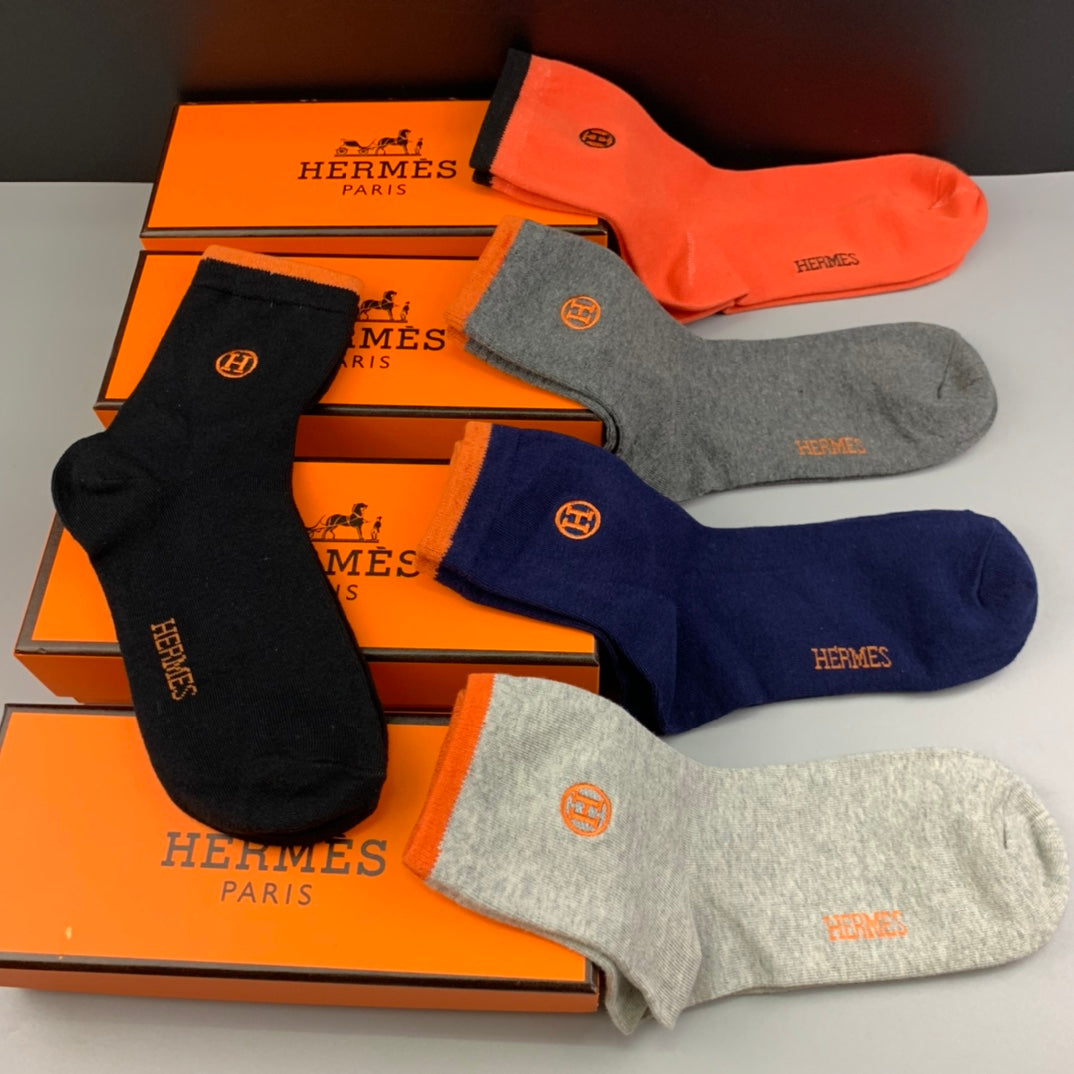 Hermes Cotton Small Embroidered Logo Details Crew Socks - 5-Pair Set