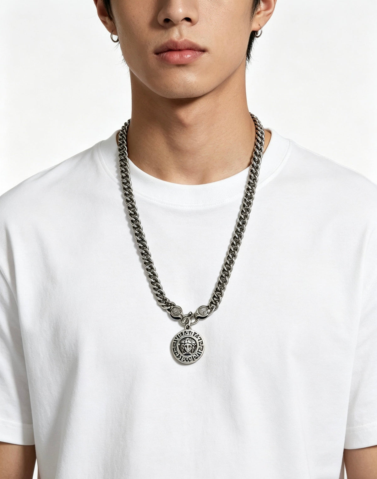 Martin Graham pendant necklace in polished metal-tone – side detail