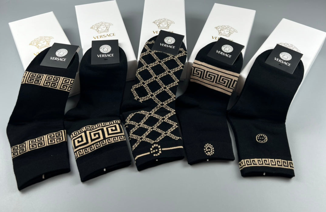 Versace Cotton blend Mixed Gold-Tone Greek-Key And Medallion Graphics Crew Socks - 5-Pair Set