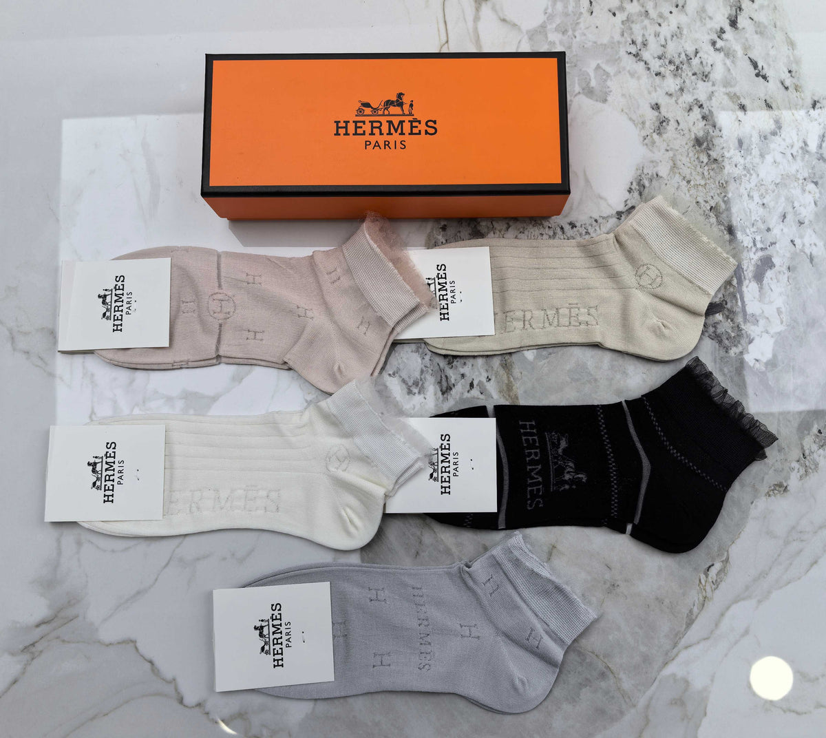 Hermes Mixed Neutral Logo Detail No-Show Socks - 5-Pair Set