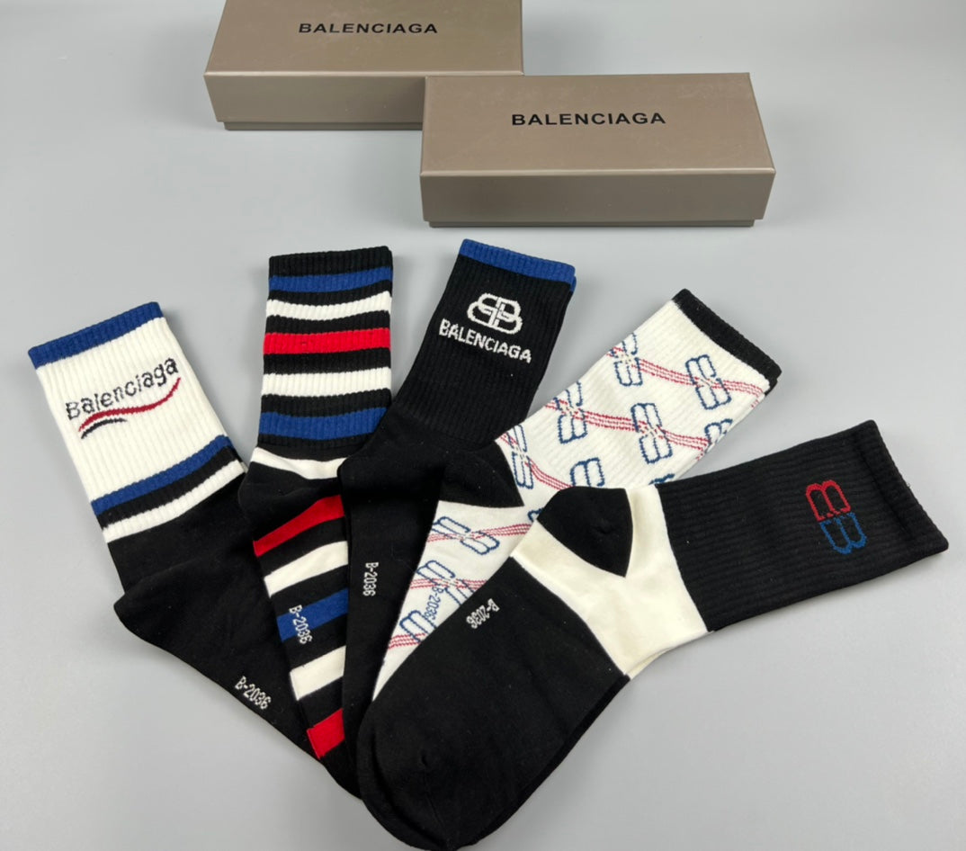 Balenciaga Varied Bb And Wordmark Details Crew Socks - 5-Pair Set