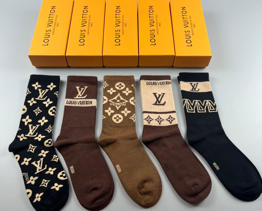 Louis Vuitton Cotton Varied Monogram-Style Motifs Crew Socks - 5-Pair Set