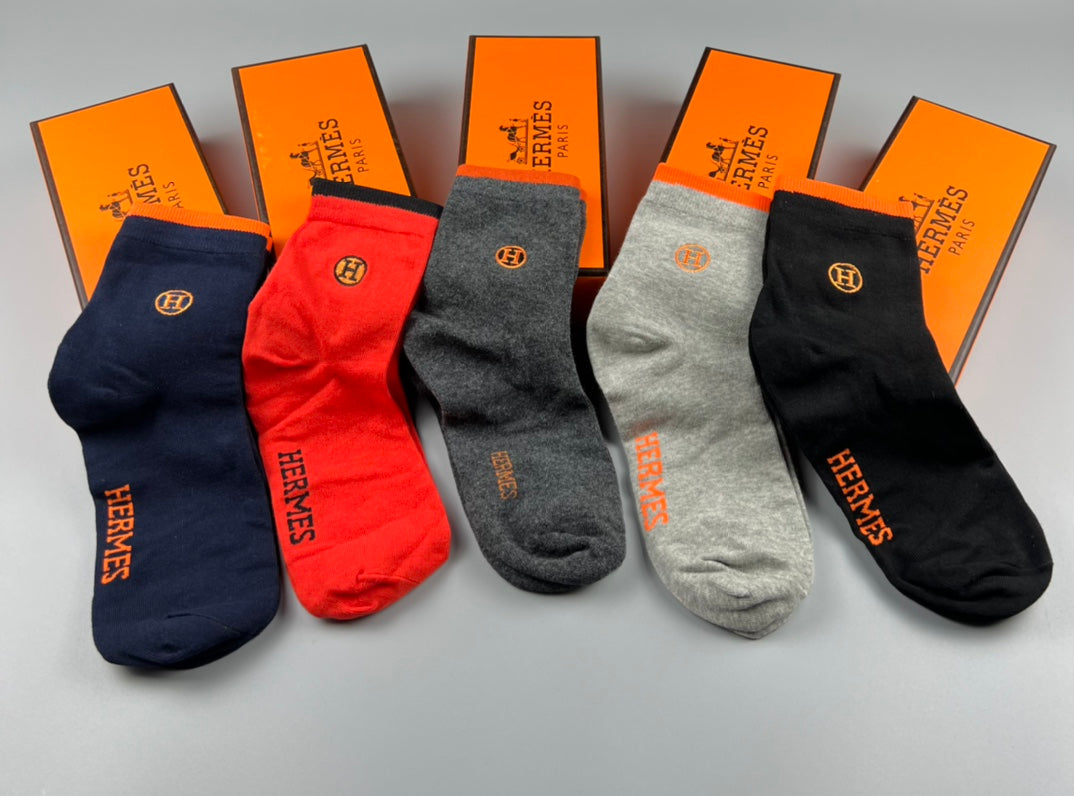 Hermes Cotton Horse And Wordmark Details Crew Socks - 5-Pair Set