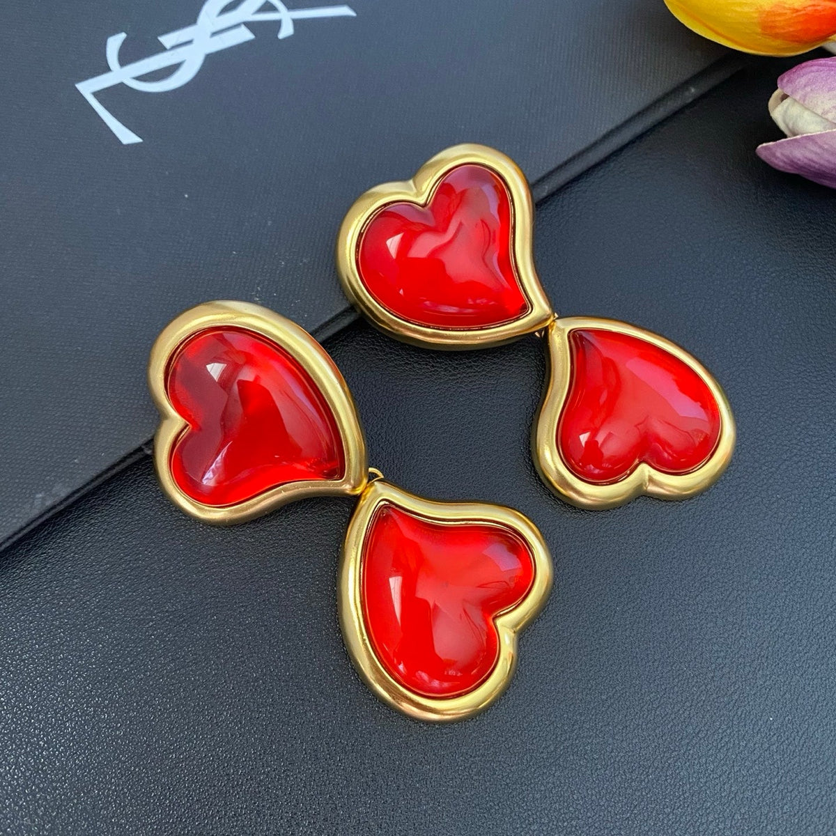 Heart Statement Earrings in Red Accent side detail