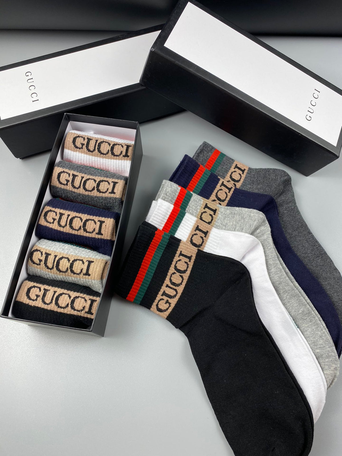 Gucci Striped Logo Crew Socks - 5-Pair Box