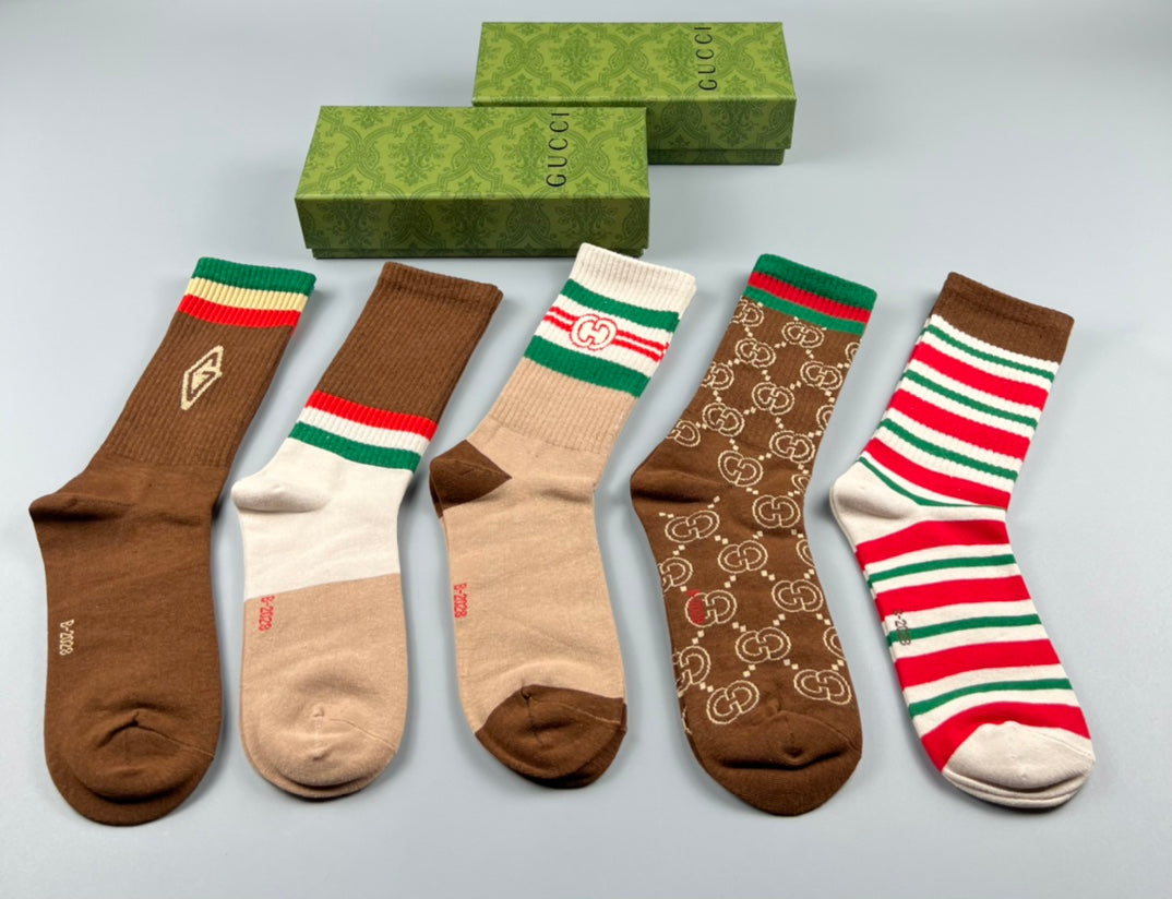 Gucci Cotton Mixed Emblem And Monogram-Style Details Crew Socks - 5-Pair Set