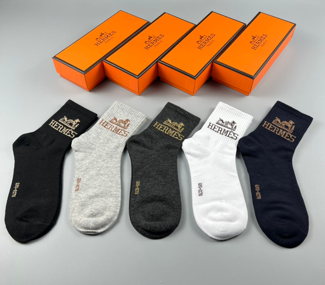 Hermes Cotton Varied Horse And Wordmark Details Crew Socks - 5-Pair Set