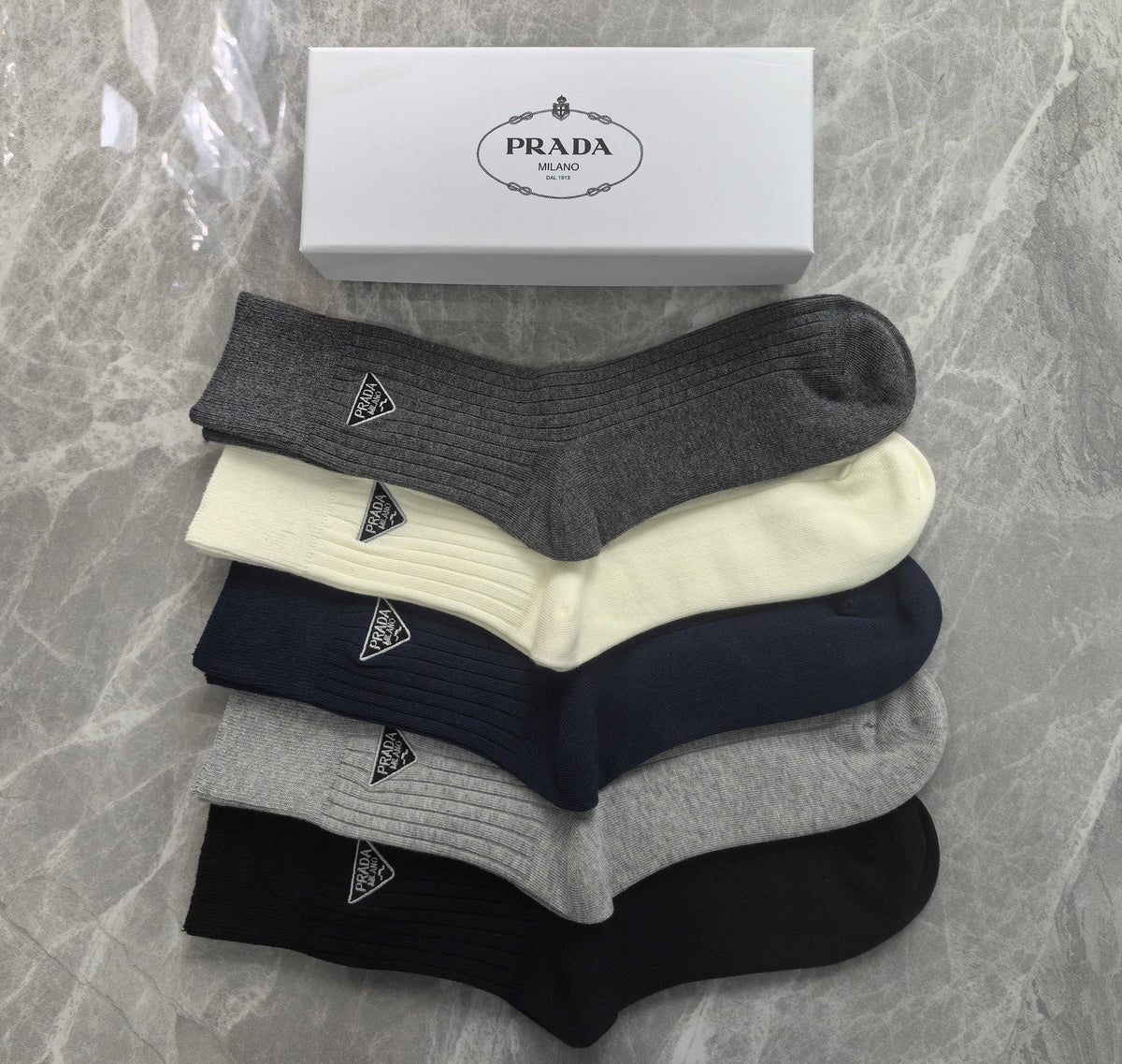 Prada Cotton Mixed Neutral Logo Detail Crew Socks - 5-Pair Set