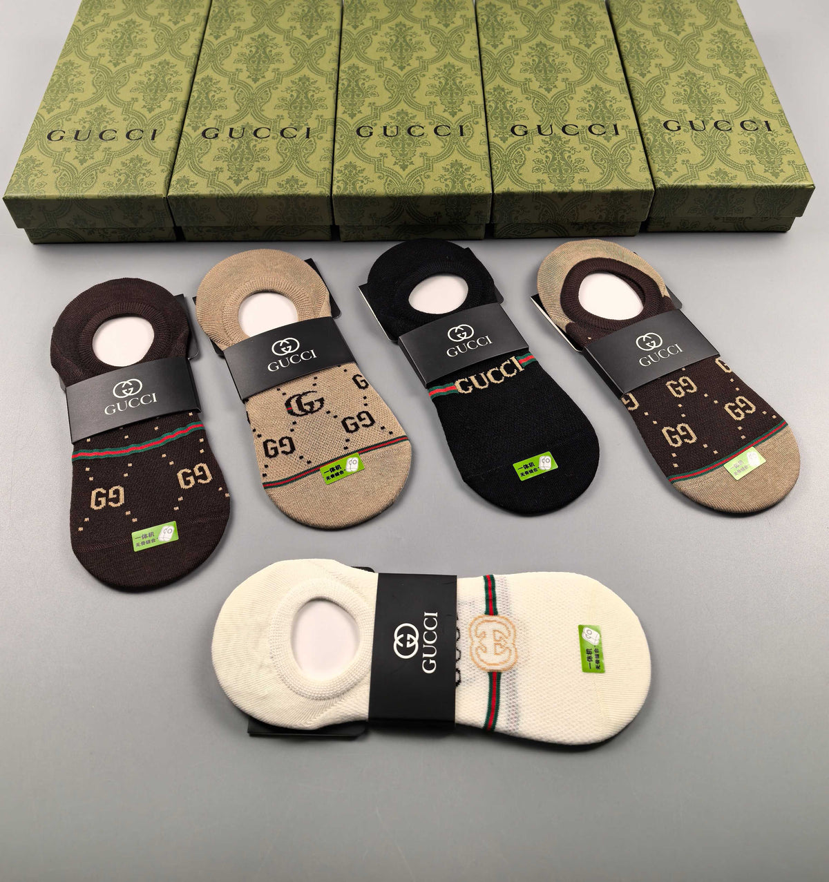 Gucci Cotton Visible Logo, Stripe Or Motif Details No-Show Socks - 5-Pair Set