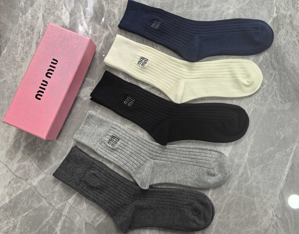 Miu Miu Cotton Mixed Neutral Logo Detail Crew Socks - 5-Pair Set