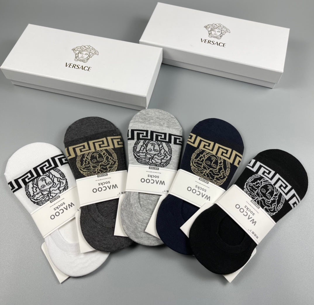 Versace Cotton Visible Logo, Stripe Or Motif Details Crew Socks - 5-Pair Set
