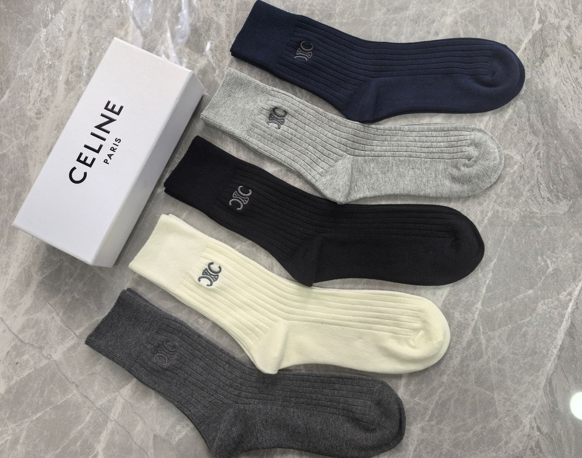 Celine Cotton Mixed Neutral Logo Detail Crew Socks - 5-Pair Set