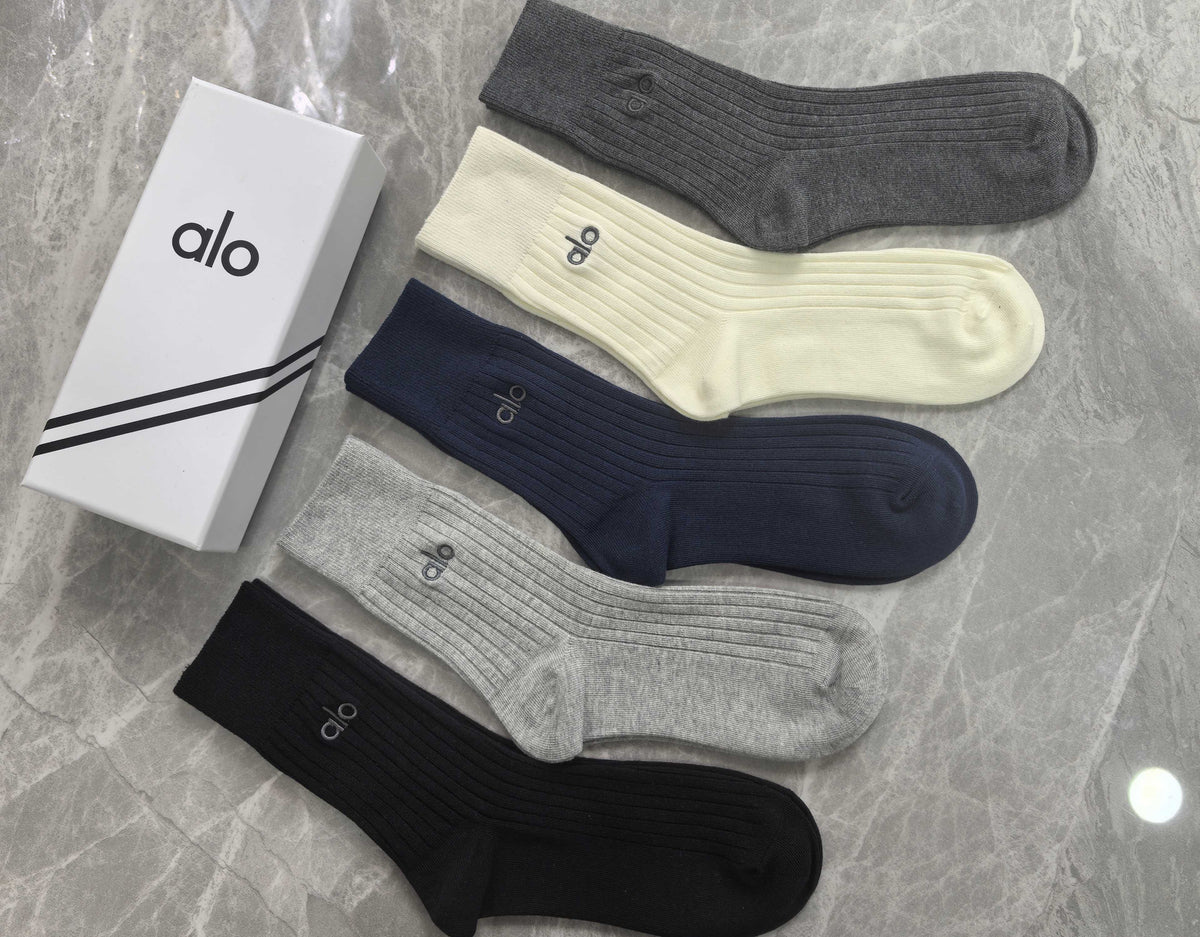 Alo Cotton Mixed Neutral Logo Detail Crew Socks - 5-Pair Set