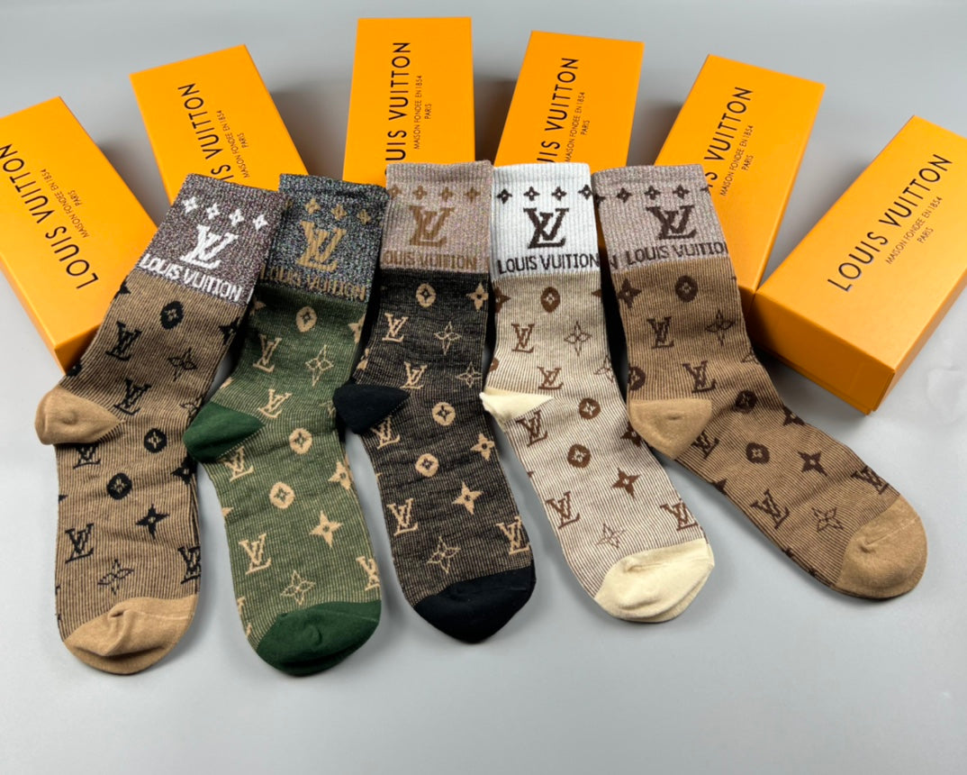 Louis Vuitton Cotton Varied Monogram-Style Motifs Crew Socks - 5-Pair Set