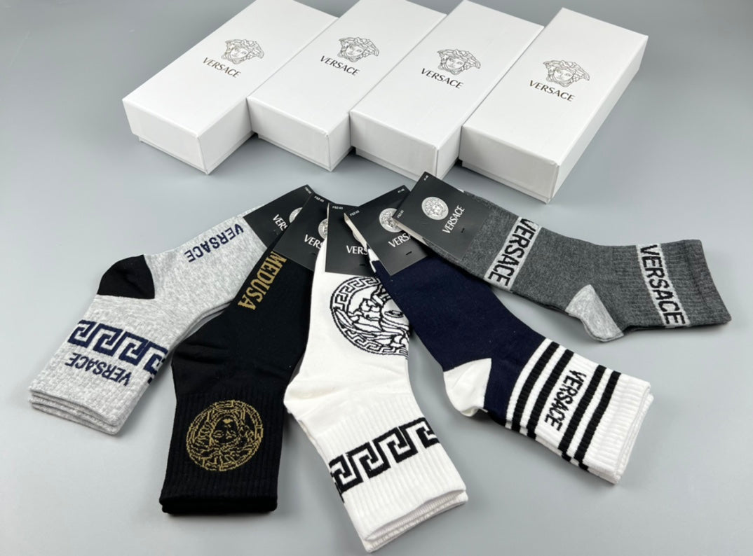 Versace Mixed Greek-Key And Medallion Graphics Crew Socks - 5-Pair Set